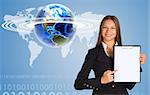 Beautiful businesswoman in suit holding paper holder. Earth with world map in background. Elements of this image furnished by NASA