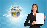 Beautiful businesswoman in suit holding paper holder. Earth with buildings and figures in background. Elements of this image furnished by NASA