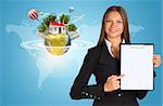 Beautiful businesswoman in suit holding paper holder. Earth with buildings and trees in background. Elements of this image furnished by NASA