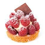 raspberry tartlet in front of white background