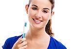 Beautiful woman with a great smile holding toothbrush, isolated over a white background