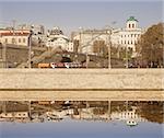 Morning view of the Moscow center with its reflection in the Moscow river.