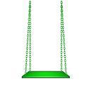 Wooden green swing hanging on green chains on white background