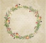 Decorative hand drawn wreath of flowers, leaves and butterflies