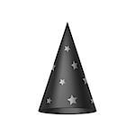 Black sorcerer hat with silver stars on white background