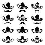 Vector black icons set of Sombrero isolated on white