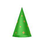 Green sorcerer hat with golden stars on white background