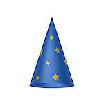 Blue sorcerer hat with golden stars on white background