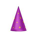 Purple sorcerer hat with golden stars on white background