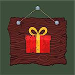Dark hanging wooden sign with painted Christmas gift.