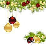 Christmas card with decorations - bows, balls, stars and poinsettia. Vector illustration.