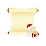 Christmas greeting card with teddy bear and gift box. Vector illustration.