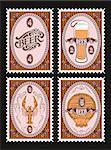 vector set of vector postage stamps with glass of beer, keg, lobster