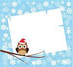 vector winter card with copyspace, snowflakes, owl in a Santa hat