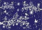 vector snow tree with snowflakes and birds