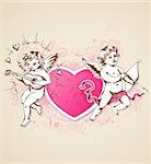 Vintage vector background with pink heart and Cupids for Valentine's day