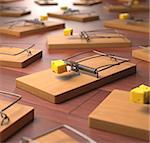 Several mousetrap with cheese on a wooden floor. Depth of field in cheese.