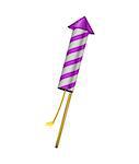 Firework rocket in purple design with burning wick on white background