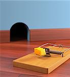 Mousetrap with cheese on a wooden floor. Depth of field in cheese.