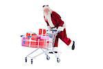 Santa rides on a shopping cart on white background