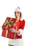 Festive pretty brunette opening a gift on white background