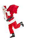 Santa claus walking with a sack on white background