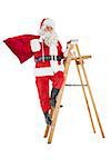 Santa claus climbing a ladder on white background