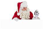 Happy santa holding alarm clock and sign on white background