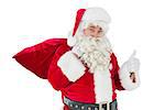 Santa claus with his sack and thumbs up on white background