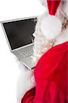 Santa claus using his laptop on white background