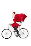 Santa claus delivering gifts with bicycle on white background
