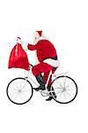 Santa cycling and holding his sack on white background