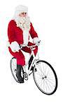 Cheerful father christmas cycling on white background