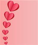 St. Valentine card with red paper hearts on pink background