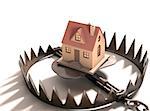 Bear trap with a house inside. Concept of mortgage, pledge and property financing.