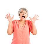 Portrait of a elderly woman yelling and worried with something, isolated on a white background