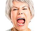 Portrait of a elderly woman with a yelling expression