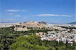 Panoramic view of Athens Greece city buildings and ancient landmarks Acropolis and Odeon of Herodes Atticus.