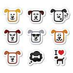 Vector icons set of cute dog character expressing anger, happiness