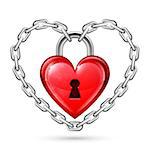 Shiny red heart lock held down by metal chains