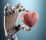 Robot hand holding a metal heart. Clipping path included.