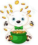 Polar Bear juggles gold coins at Saint Patrick Day