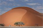 Four wheel truck parked at base of giant sand dune, Sossusvlei National Park, Namibia