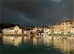 View of Padstow harbor and stormy sky, Cornwall, England