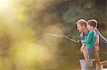 Father and son fishing in lake