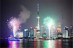 China, Shanghai. Fireworks over Pudong business district