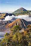 Indonesia, Java, Bromo. A stunning volcanic landscape from Mount Penanjakan at sunrise.  Active Mount Bromo (left) and Mount Batok (centre foreground) lie in the Sea of Sand with Mount Semeru in the distance.