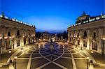 The Piazza del Campidoglio at twilight with the equestrian statue of Marcus Aurelius in the centre , Rome, Lazio, Italy.