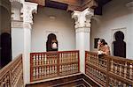 The beautifully restored Ben Youssef Medersa is the largest theological school in Morocco. Built in 1565 it once housed 900 students and teachers in the rooms above the courtyard. Marrakech, Morocco (MR)