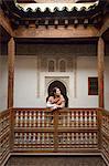 The beautifully restored Ben Youssef Medersa is the largest theological school in Morocco. Built in 1565 it once housed 900 students and teachers in the rooms above the courtyard. Marrakech, Morocco (MR)